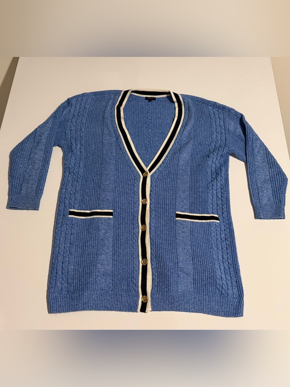 Talbots Plus Size X Blue Cable-Knit V-Neck Cardigan with Black and White Trim